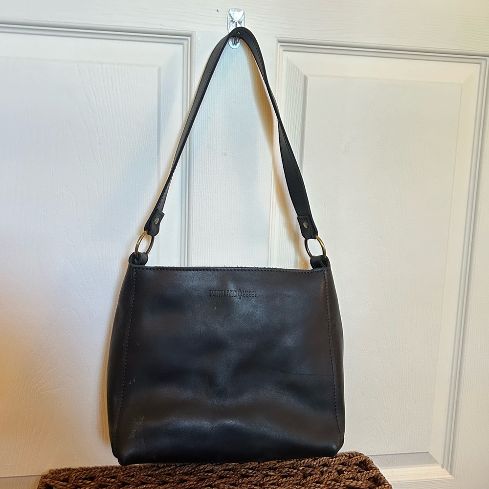 Portland Leather Co. black leather triangle shoulder bag
